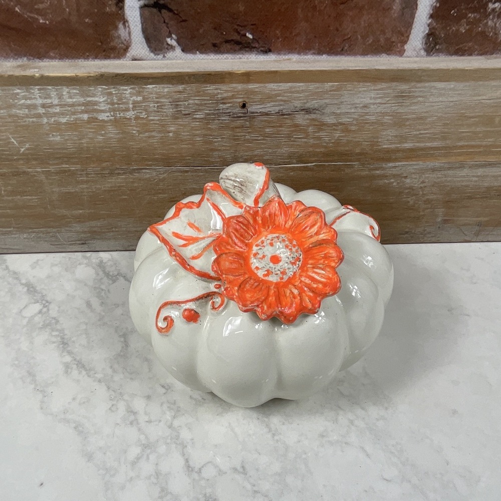 Ceramic Pumpkin White & Orange Floral Glossy 5" H x 6" W - Fall, Autumn
